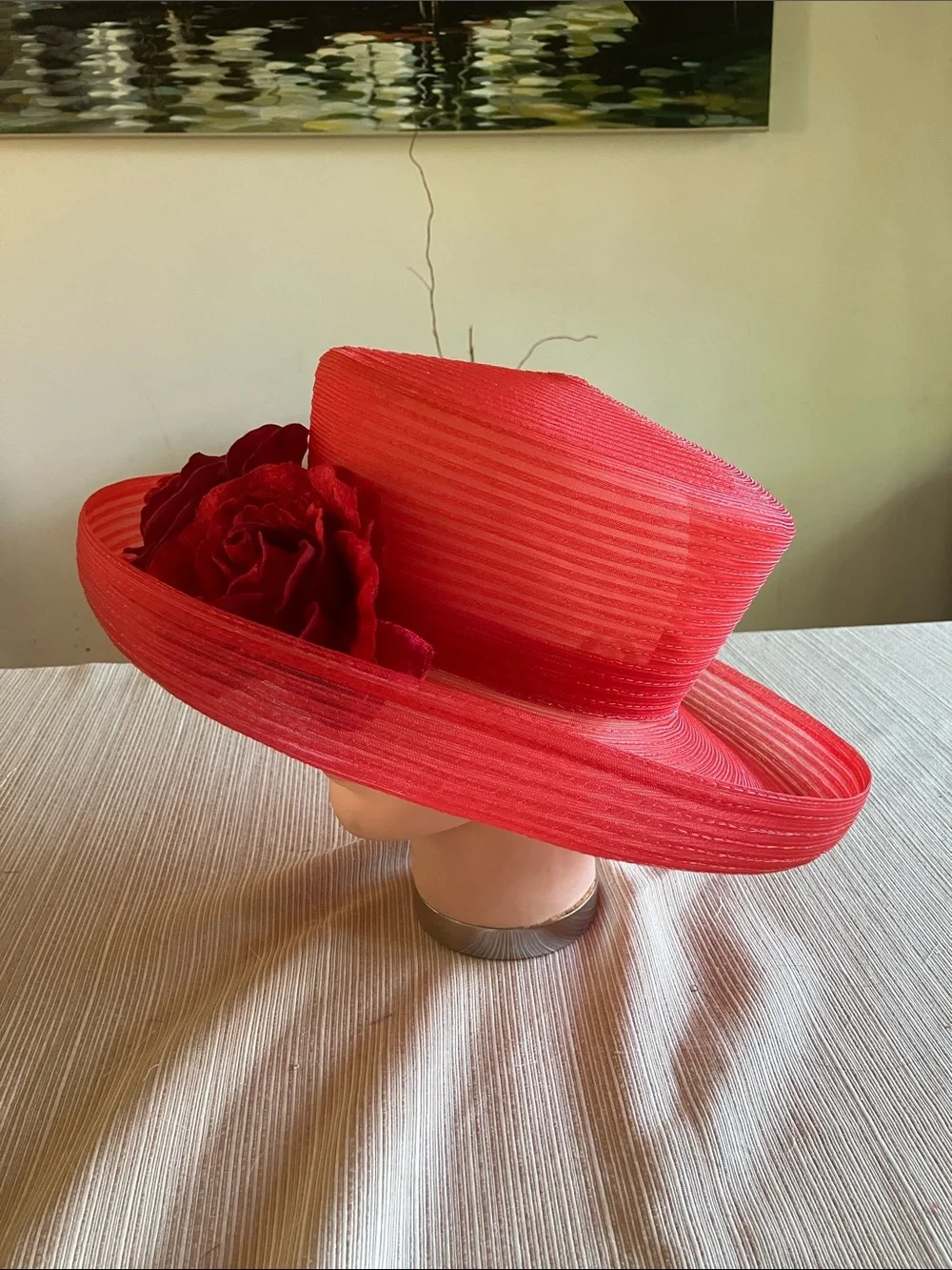 Elegant Red Wide-Brim Floral Hat